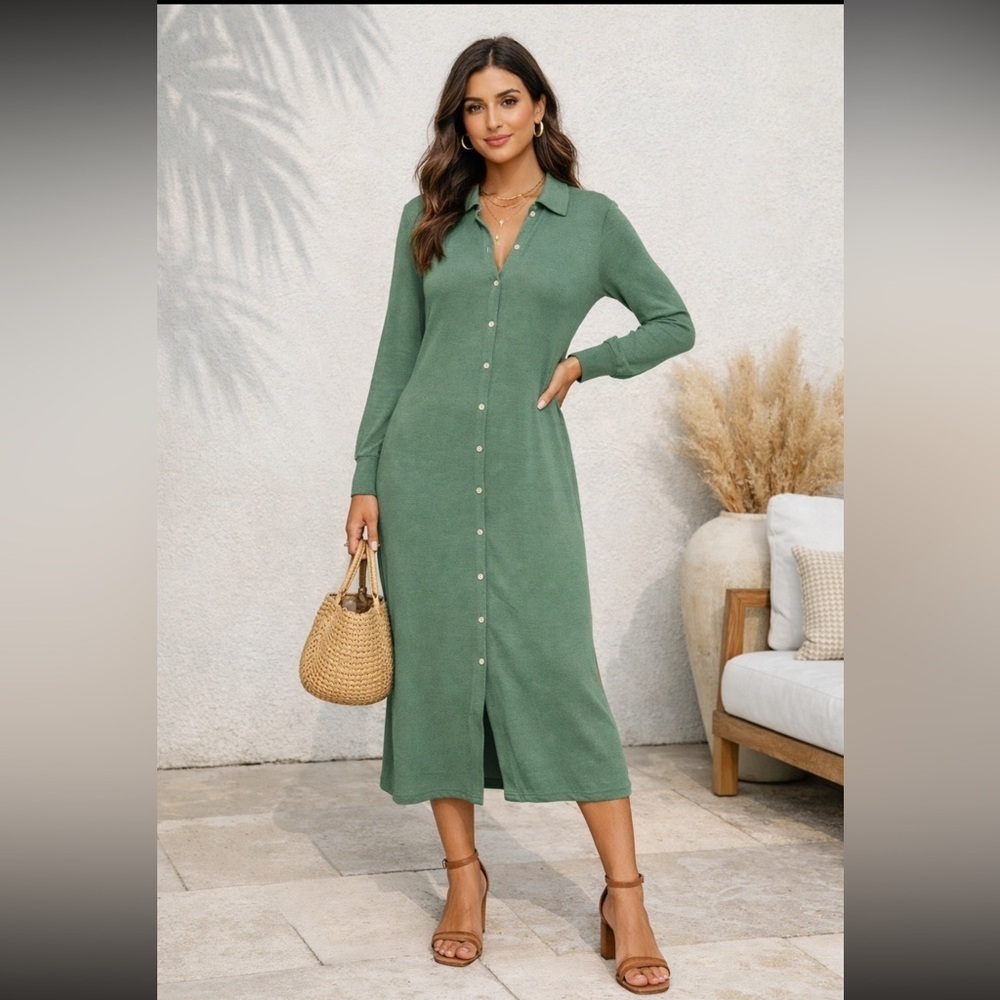 Zara Midi Dress Women’s Medium Sheer Green Knit Shirt Button Down Maxi B15